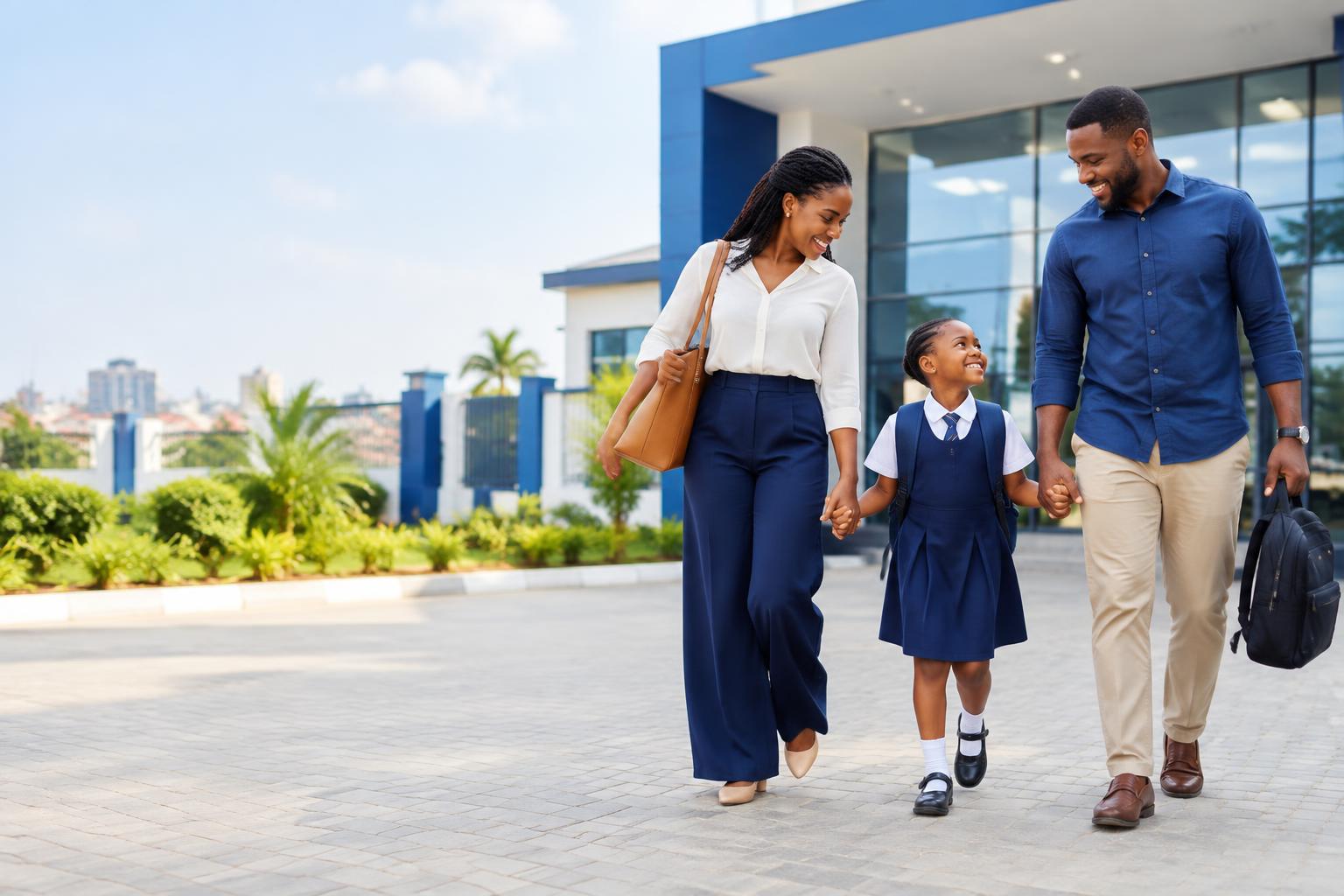 Nigerian parents walking their daughter to school